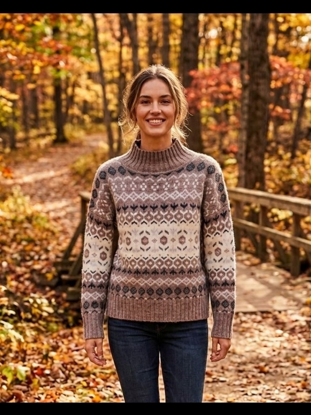 Marled Taupe and Cream Fair Isle Turtleneck Sweater